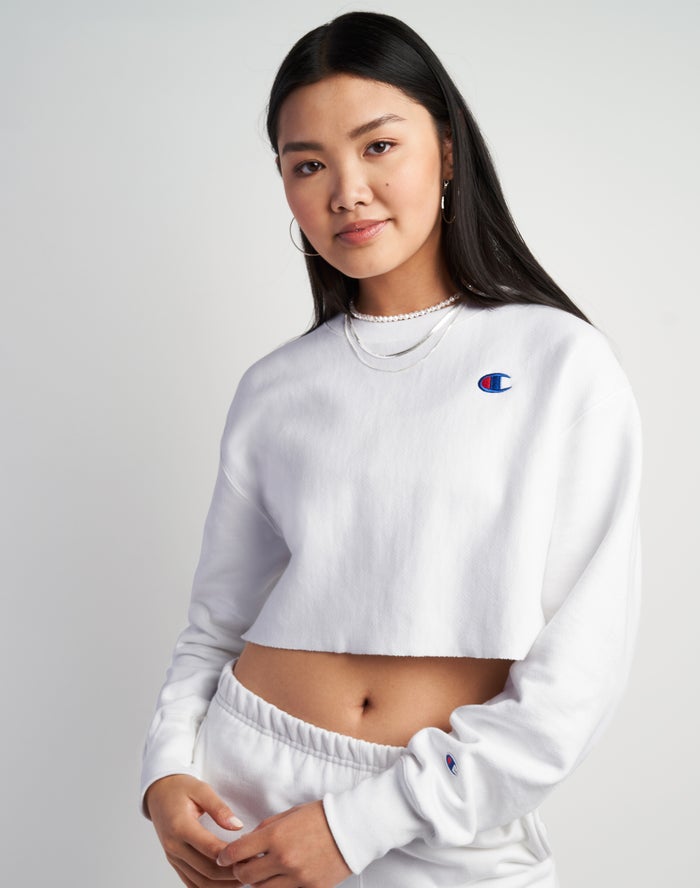 Champion Dame Sweatshirt Hvide - Reverse Weave Cropped Cut-Off Crew - Danmark MUO-682705